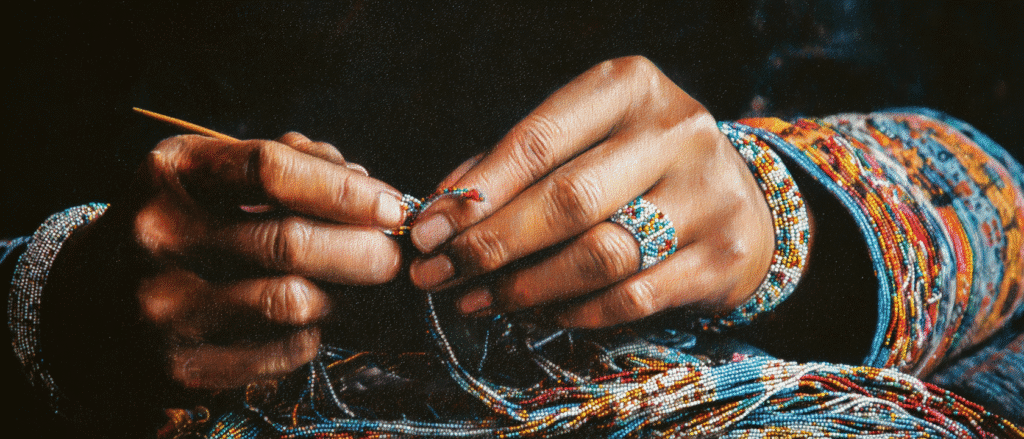 Native American hands crafting traditional beadwork with colorful beads, representing Indigenous artistry and cultural entrepreneurship skills