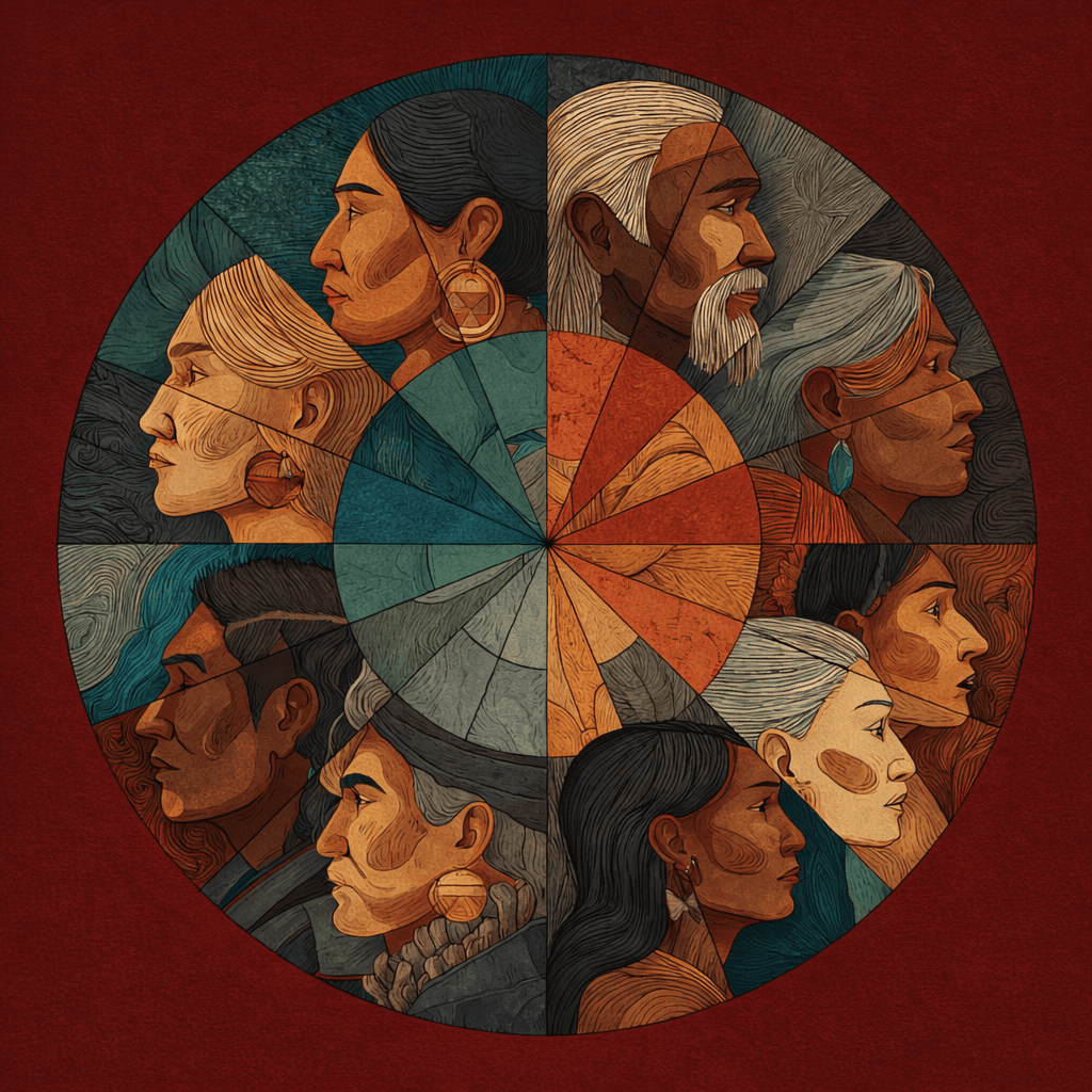 Illustrated circular artwork featuring diverse Indigenous men and women in profile, arranged like a medicine wheel, symbolizing finding your role in the circle of Native entrepreneurship and community leadership.
