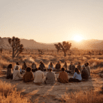 Indigenous Business leaders and entrepreneurs sitting in a circle at sunset in the desert, symbolizing community, clarity, and economic sovereignty