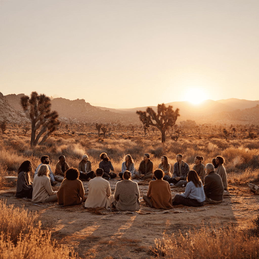 Indigenous Business leaders and entrepreneurs sitting in a circle at sunset in the desert, symbolizing community, clarity, and economic sovereignty
