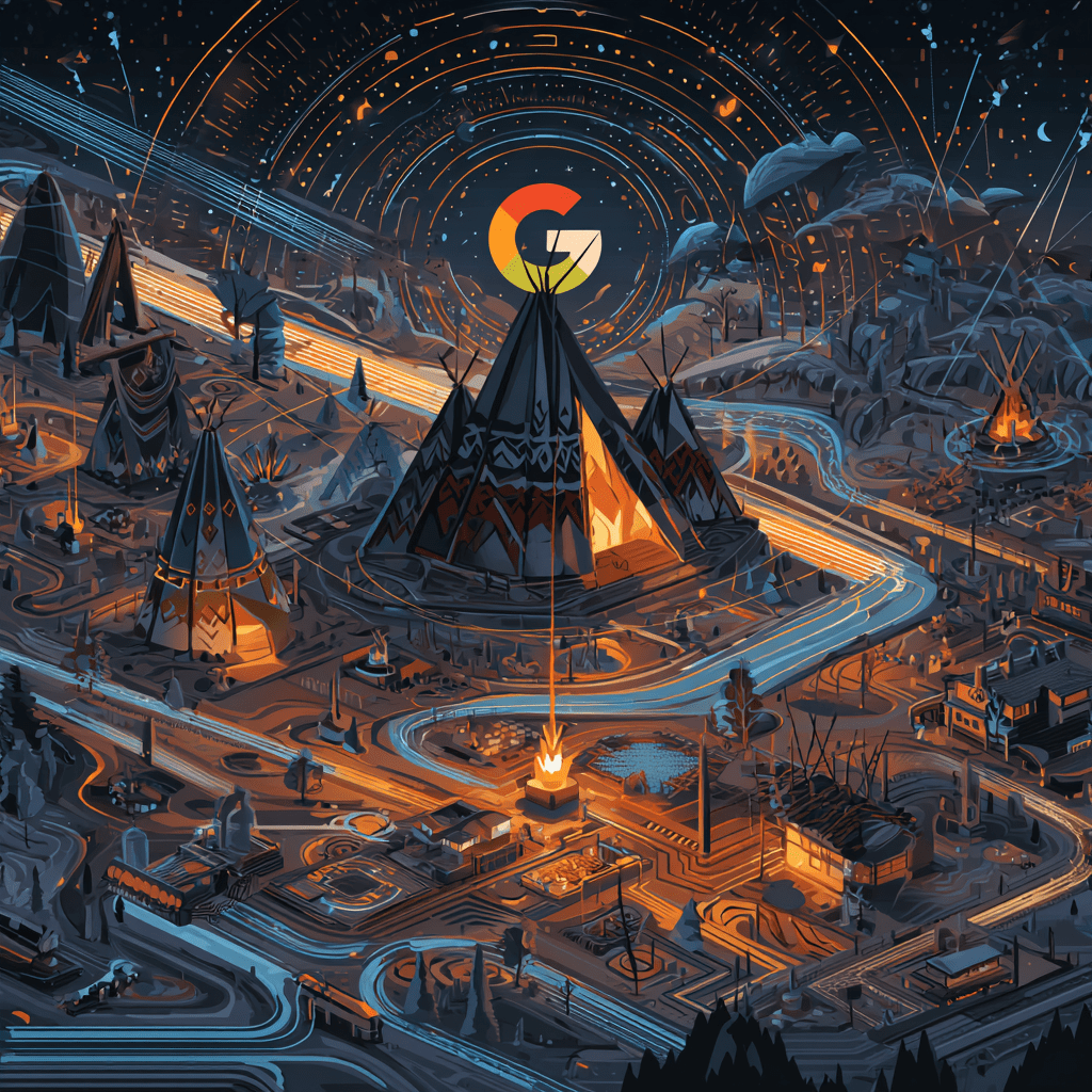 Illustration of Indigenous entrepreneurs appearing in glowing search results rising from tribal land into a digital network, symbolizing Native-owned businesses gaining online visibility through websites and SEO.