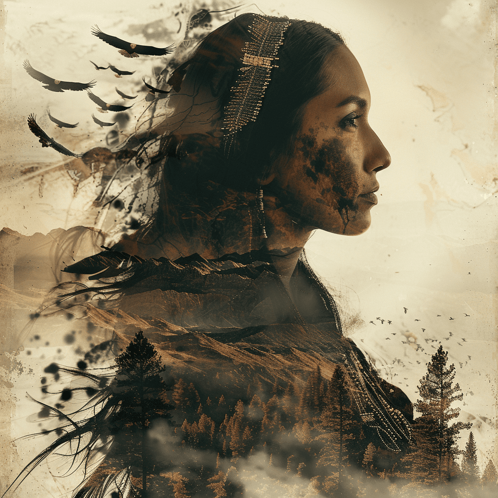 Indigenous woman in profile with desert landscape, mountains, and birds blended into her silhouette, symbolizing vision, identity, and the path of Native entrepreneurship.